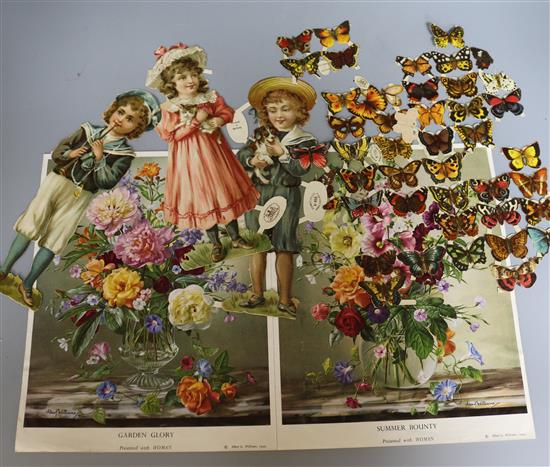 A collection of decoupage chromolithograph sheets